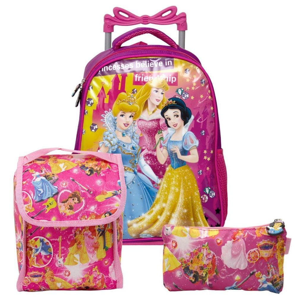 Mochila Menina Infantil Rodinha Princesas Lancheira Estojo