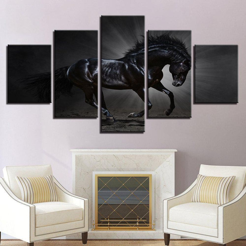 Quadros Decorativos 5 Peças Cavalo Negro Animais Moderno