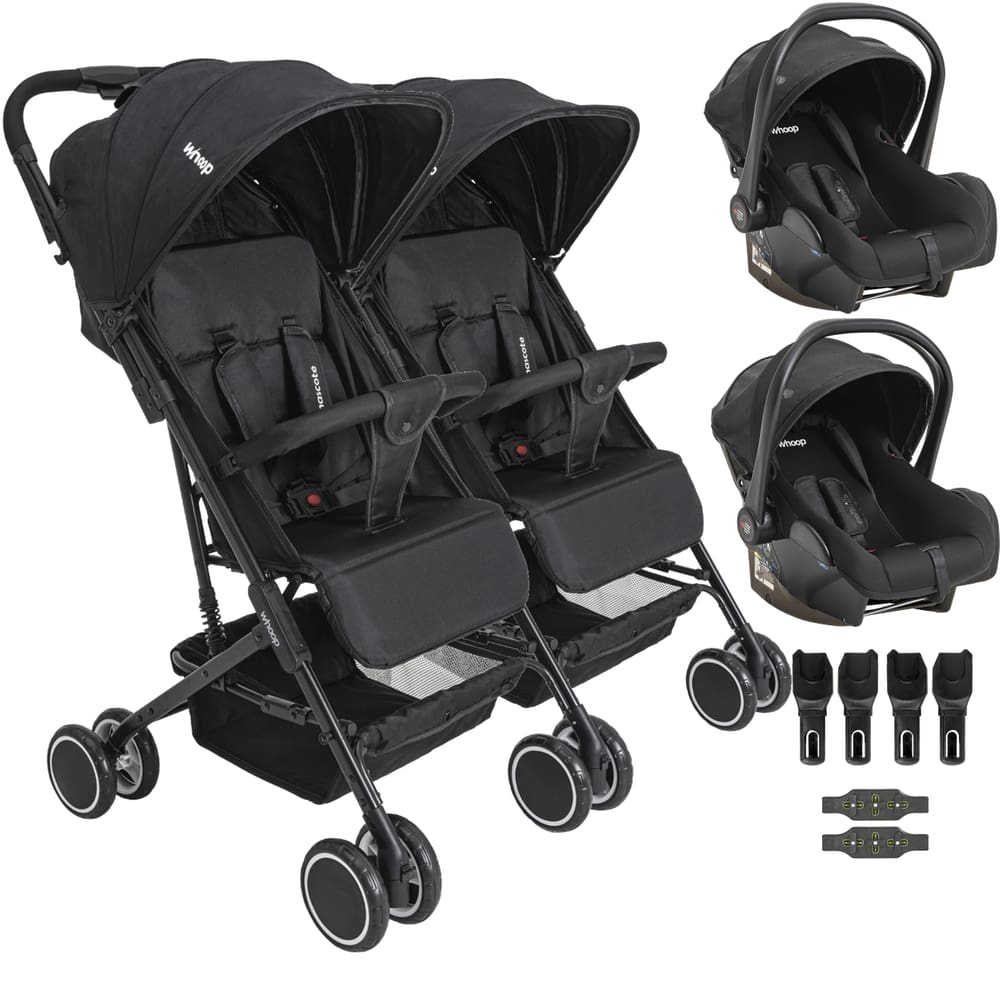 Carrinho Kiddo Gemeos com 2 Bebe Conforto Colinho Mascote Preto