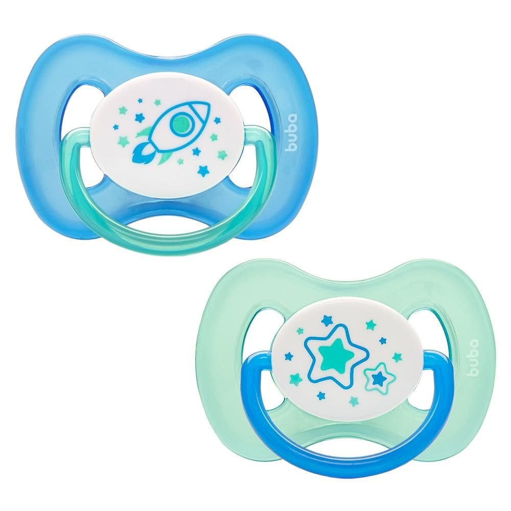 Kit 2 Chupetas Buba Comfort Tam 1 Noturna Foguete Azul