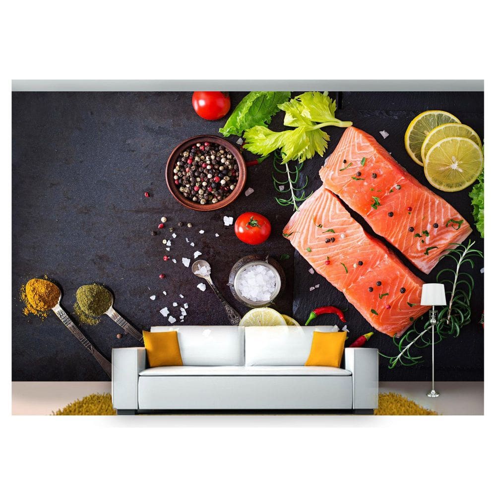Papel De Parede Almoço Salmão Fresco Tempero  Al152