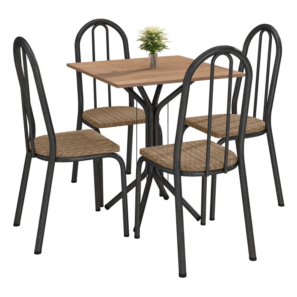 Conjunto Mesa de Jantar Tubular Thais Tampo BP Nature 68cm Com 4 Cadeiras 050 Cromo Preto/Rattan - Combo Stock