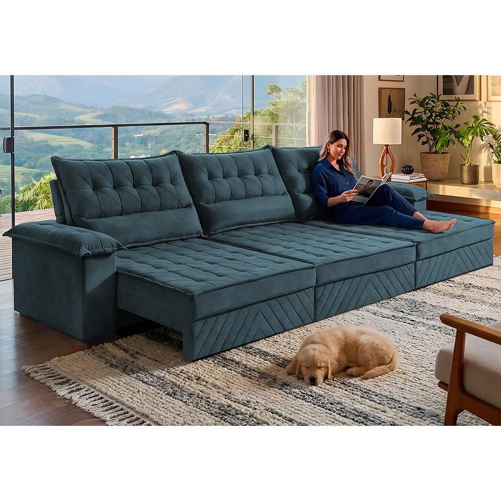 Sofá Retrátil e Reclinável 4,20m com Molas e Espuma D33 Thunder. Velusoft Cama inBox
