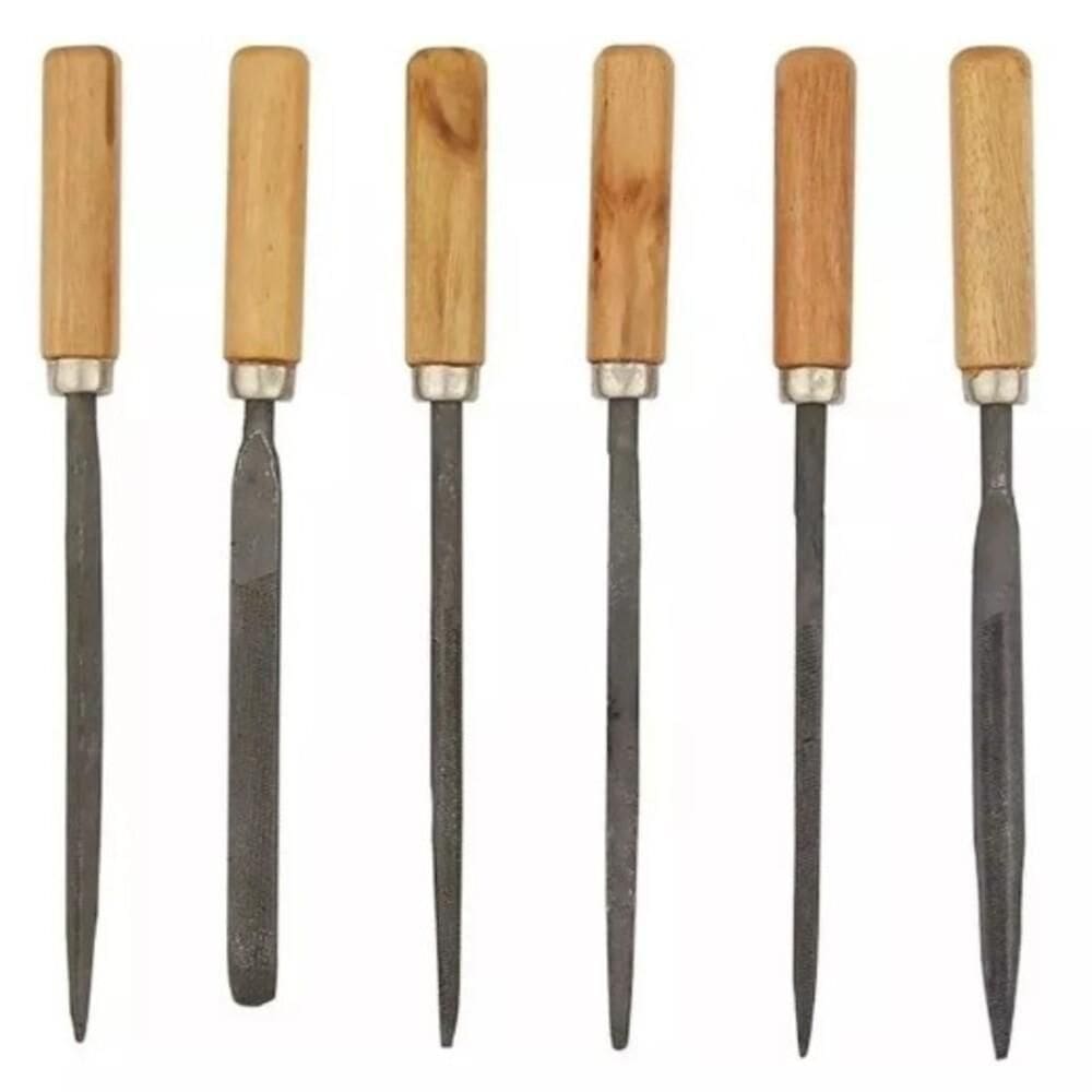 Jogo Lima Agulha Kit 6 Com Cabo Madeira Afiar Triangular Redonda