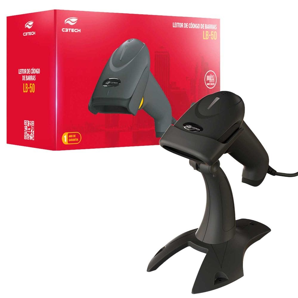 Leitor de Código de Barras C3Tech LB-50BK, Cabo USB, Leitura de Códigos 1D, DANFE, Boletos Bancários, Sensor a Laser, Com Suporte  - Preto