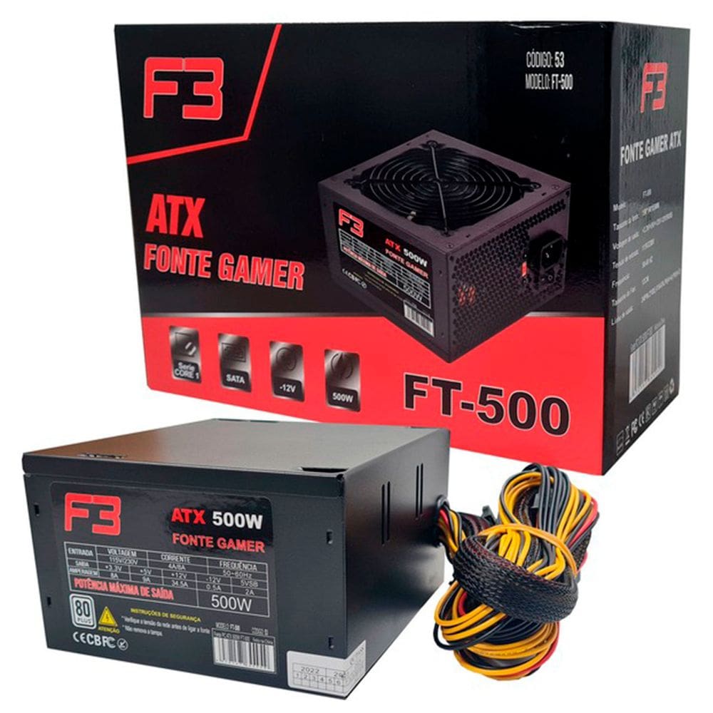 MP - Fonte Gamer F3 FT 500  500W  Com Cabo de