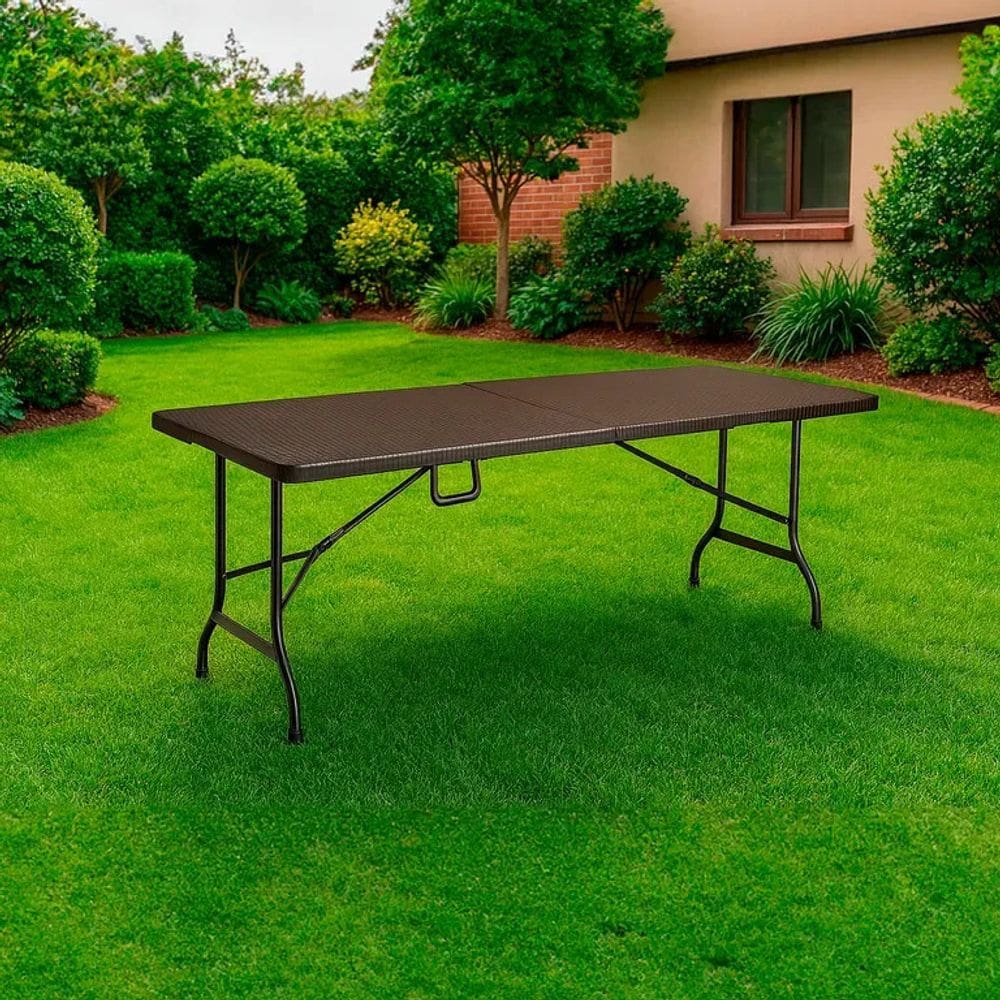 Mesa Plasitco Rattan Marrom Dobravel Vira Maleta 180cm - Rio