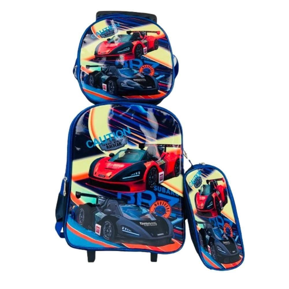 Kit Mochila Infantil Rodinha Carrinhos Estojo Lancheira Azul