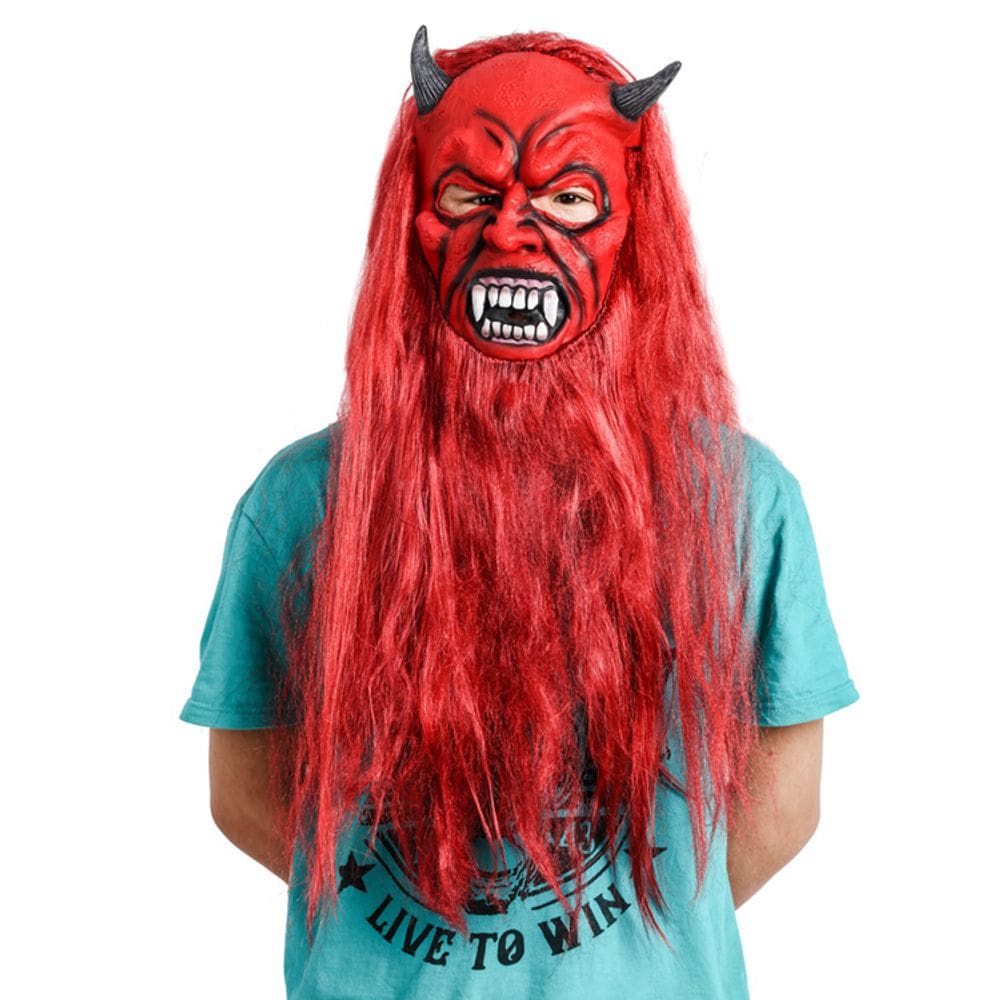 Máscara de demônio de Halloween assustadora com cabelo e barba ruivos para cosplay