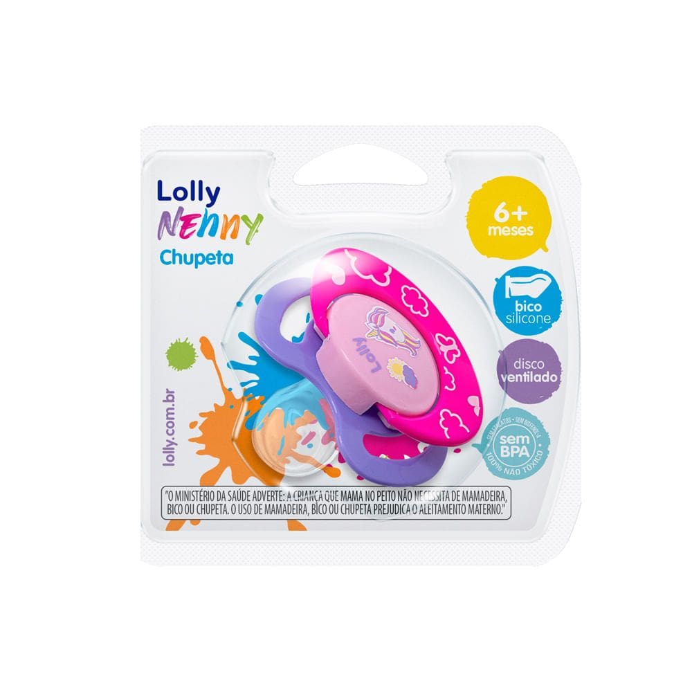 Chupeta Lolly Nenny Rosa Unicórnio Bico De Silicone +6 Meses