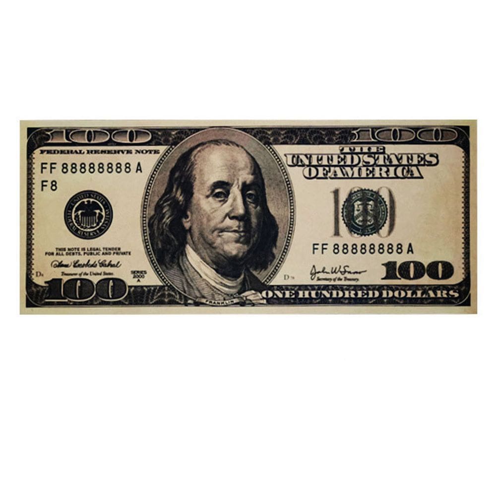 Pôster vintage em nota de dólar de $100 Benjamin Franklin 51x21cm