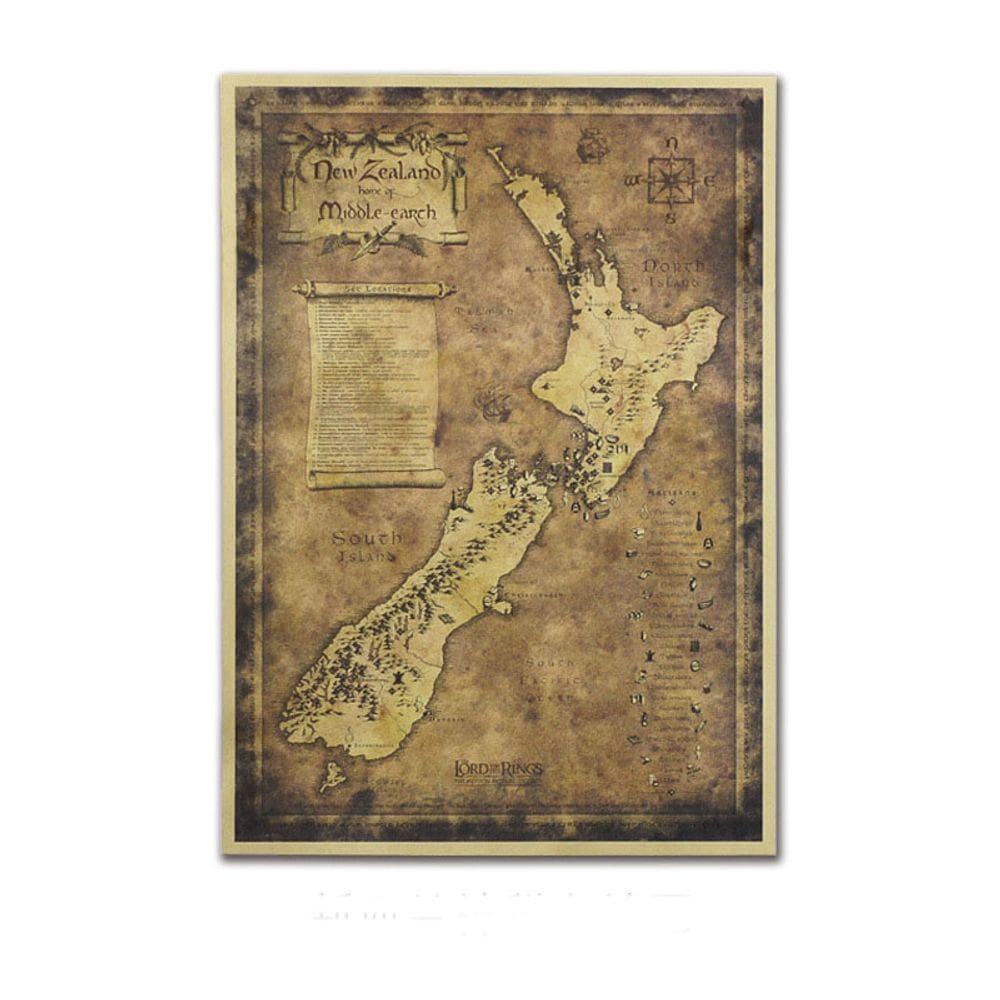 Pôster Mapa da Terra Média da Nova Zelândia Vintage 51,5x36cm