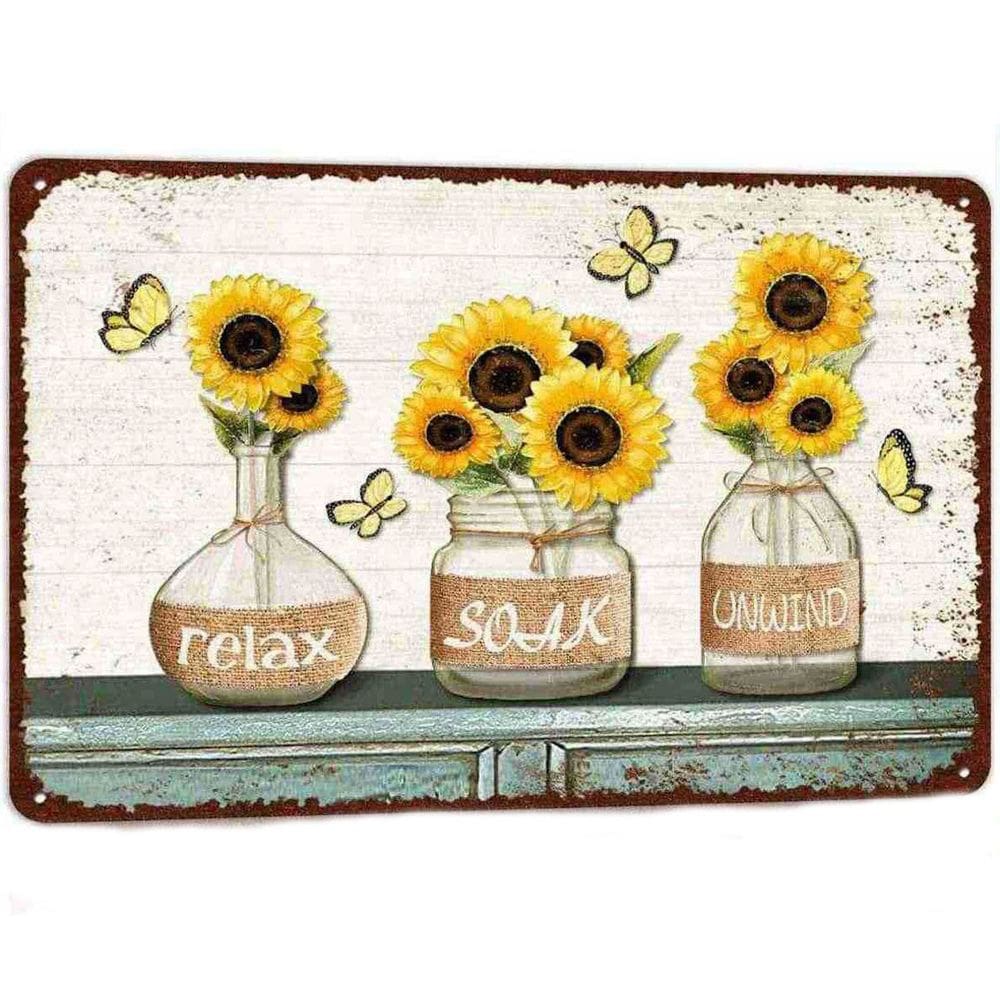 Decoração de parede Pintura em ferro Sunflower Relax Soak Unwind 20x30cm
