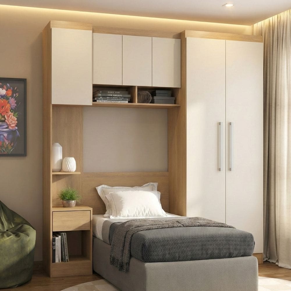 Guarda Roupas Solteiro Modulado Com Painel e Cabeceira Selene Menu Móveis Carvalho