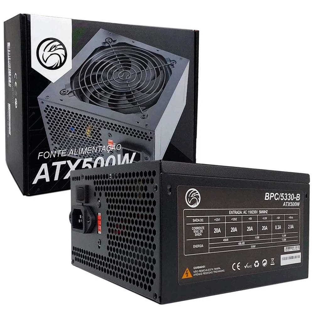 Fonte Brazil PC 500W BPC-5330-B, 24 Pinos, Bivolt, C/ Cabo de Energia, Cooler 120mm