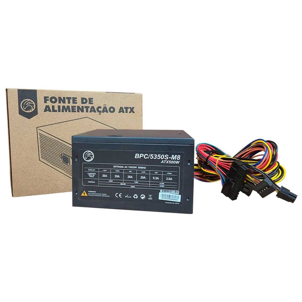 Fonte Brazil PC 500W BPC-5350S-M8, 24 Pinos, Bivolt, C/ Cabo de Energia