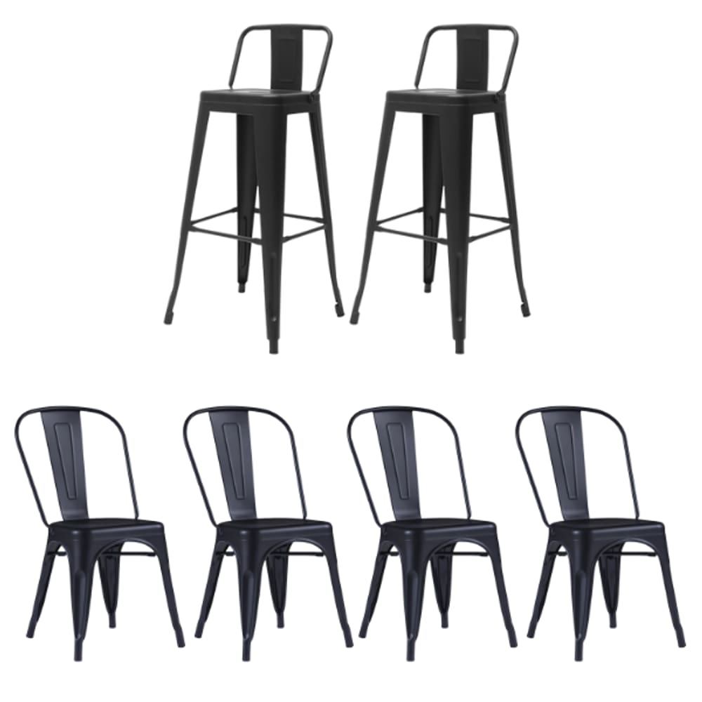 Kit 4 Cadeiras e 2 Banquetas Iron Tolix com Encosto, Aço Carbono, Industrial, Empilháveis - Preto