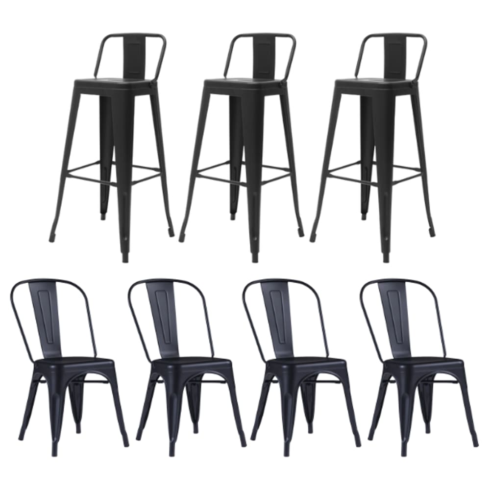 Kit 4 Cadeiras e 3 Banquetas Iron Tolix com Encosto, Aço Carbono, Industrial, Empilháveis - Preto