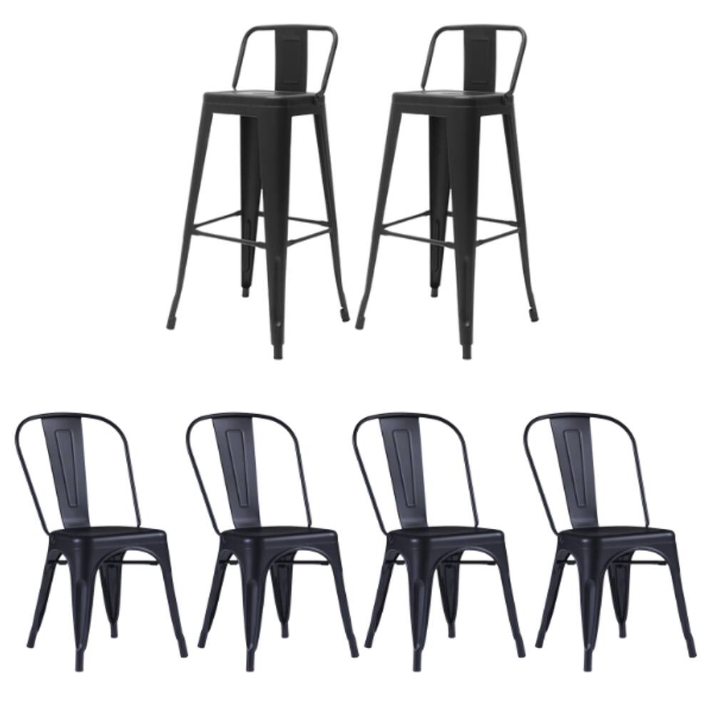 Kit 4 Cadeiras e 2 Banquetas Iron Tolix com Encosto, Aço Carbono, Industrial, Empilháveis - Preto