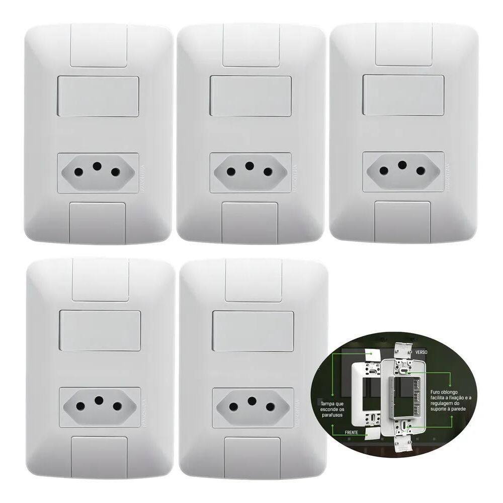 Kit 5 Tomadas E Interruptor Tramontina Aria Branca 10A