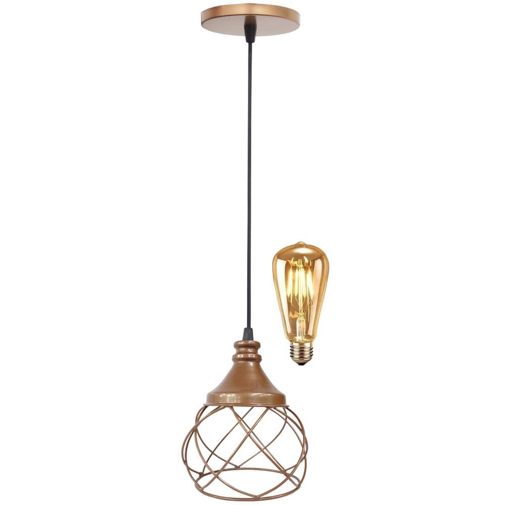 Pendente Aramado Redondo Cobre Rose Gold + Lâmpada Lustre Luminária Teto Sala Cozinha Balcão