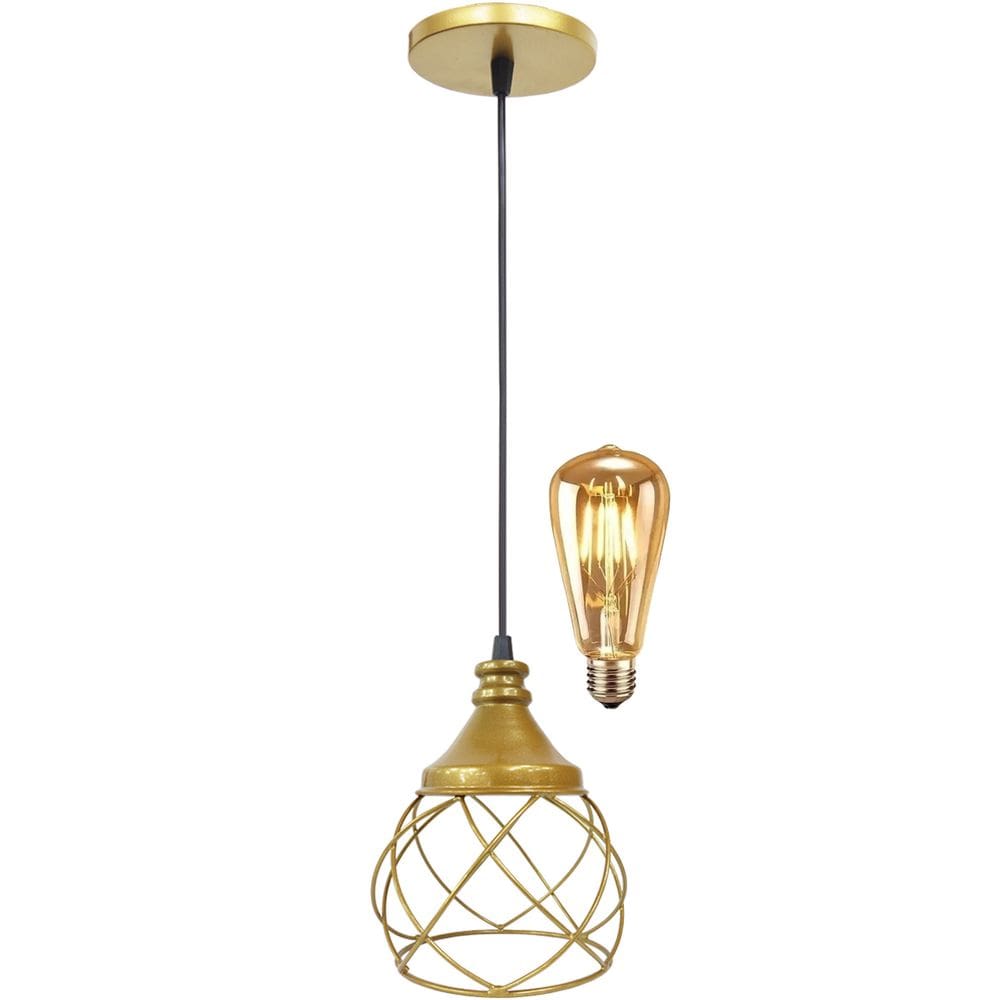 Pendente Aramado Redondo Dourado + Lâmpada Lustre Luminária Teto Regulável Sala Cozinha