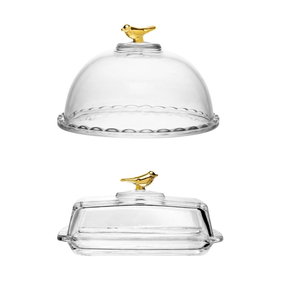 Kit Queijeira + Manteigueira de Cristal Golden Bird Wolff