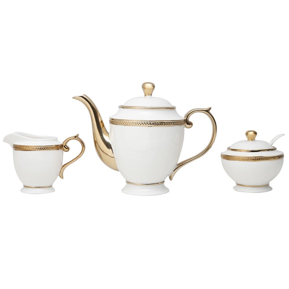 Conjunto Bule + Açucareiro + Leiteira Paddy Porcelana Branco e Dourado Wolff