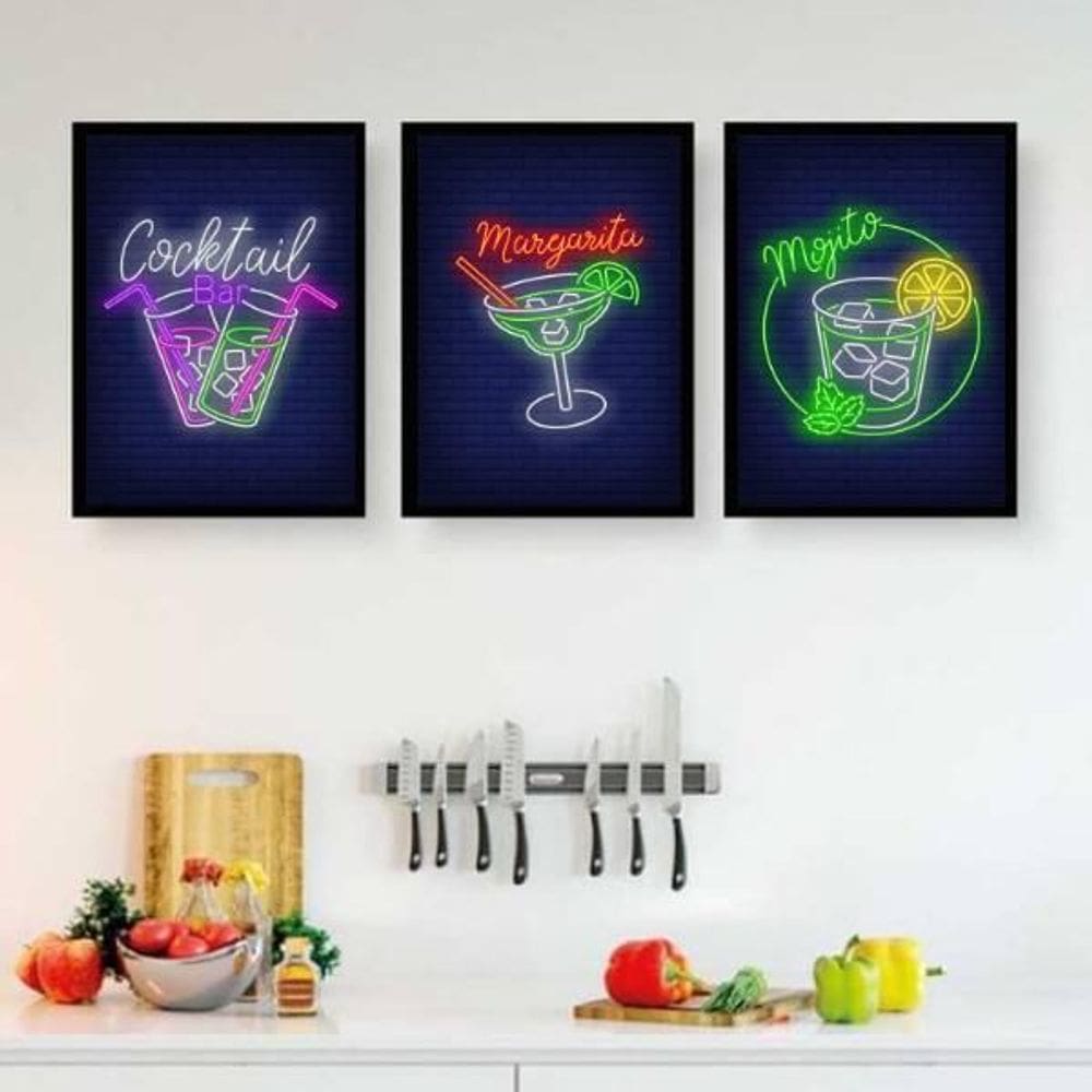Kit 3 Quadros Decorativos Cocktail Bar 34x23cm