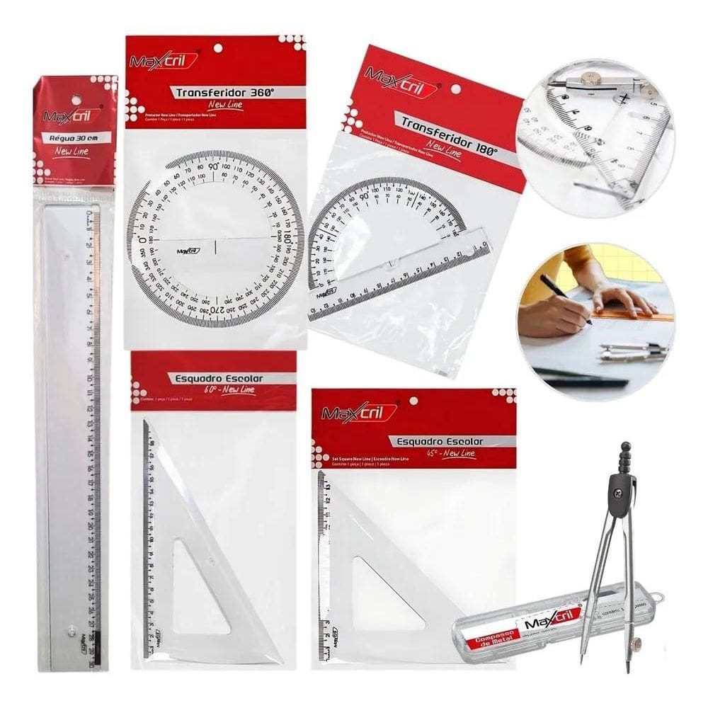 Kit Essencial Matemática: Compasso, Régua, Esquadros E Trans