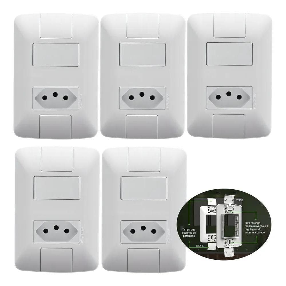 Kit 5 Tomadas E Interruptor Tramontina Aria Branca 10A