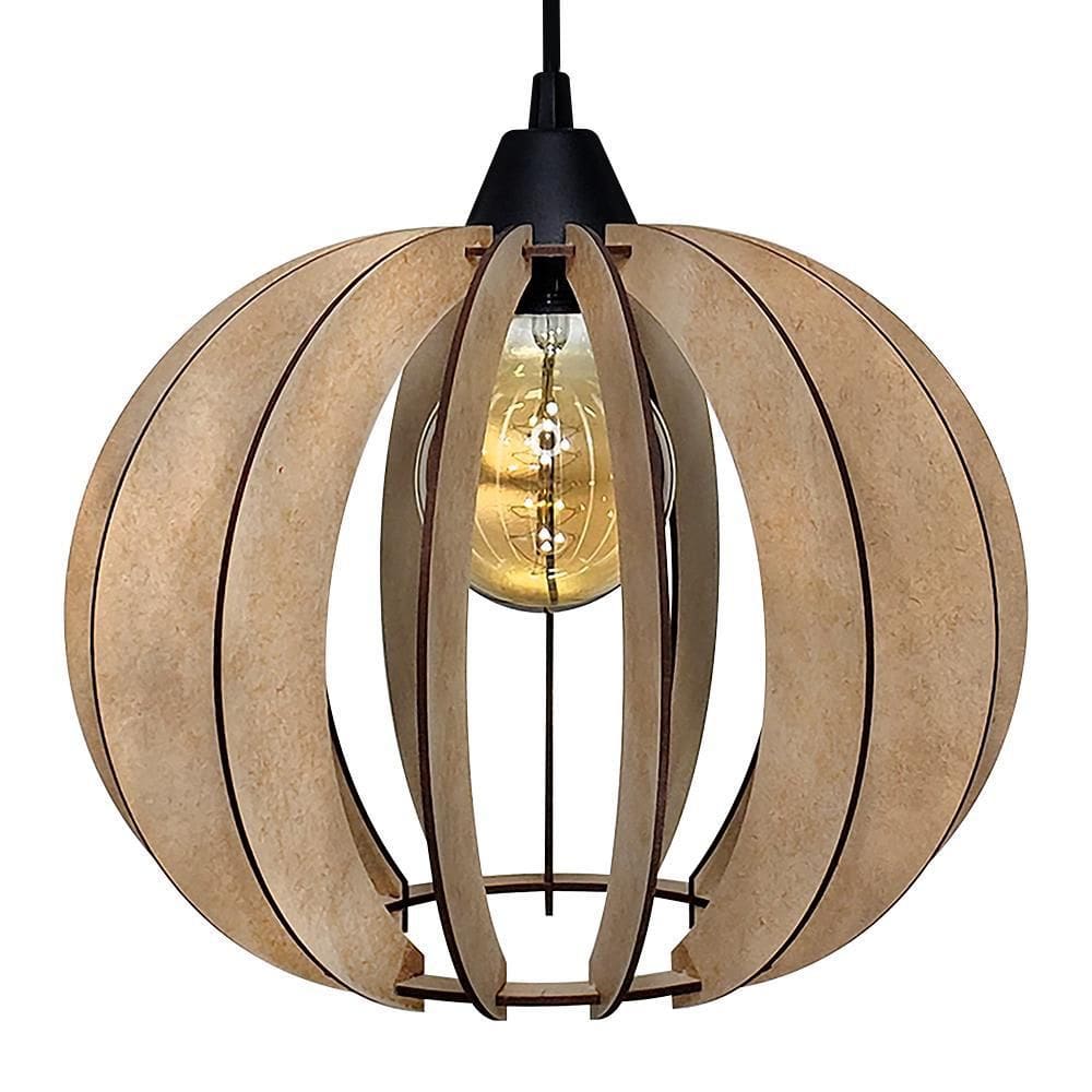 Luminária De Teto Madeira Cor Natural Redonda 15H Fio Preto