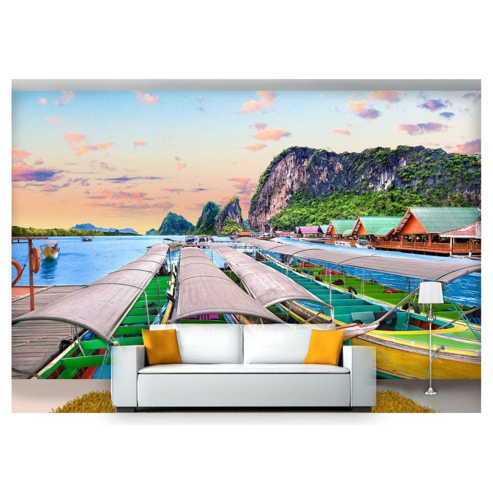 Papel De Parede Praia Mar Céu Sol Barcos 3D  Npr232