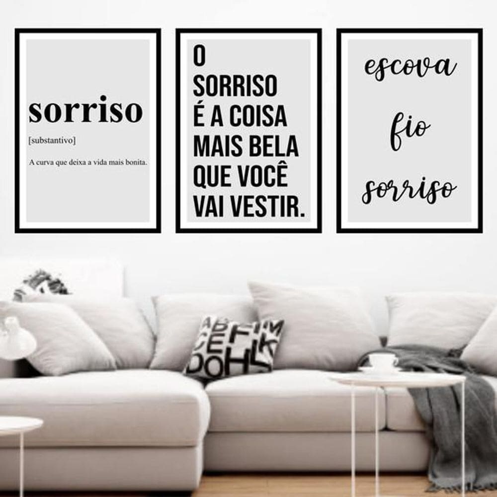 Kit 3 Quadros Decorativos Sorriso É A Coisa Mais Bela 34x23