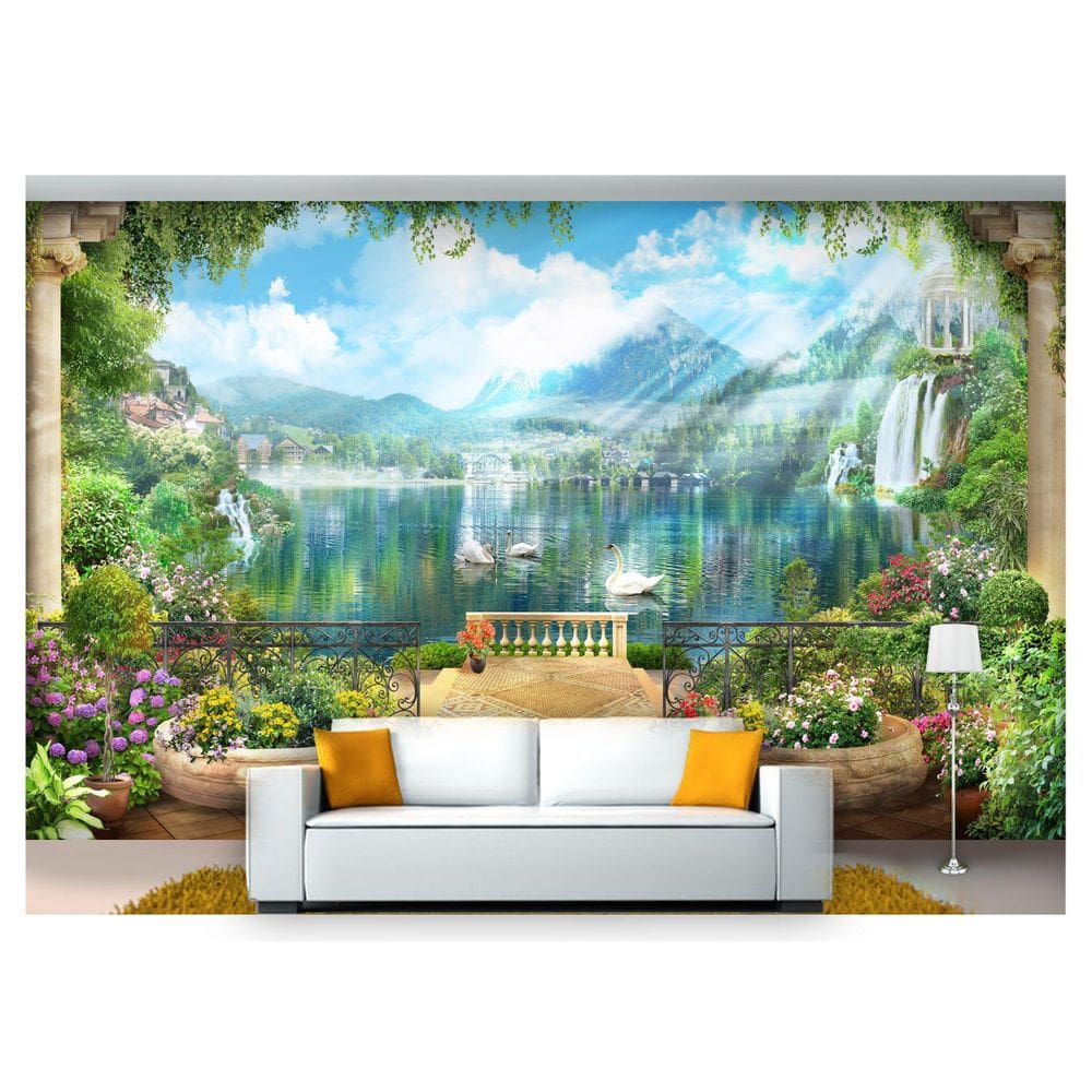 Papel De Parede Paisagem Digital Jardim Lago Dah56