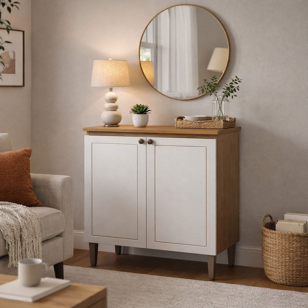 Balcão Aparador 2 Portas em Mdf Linha Essência Frise Estilo Americano Cinamomo/Branco