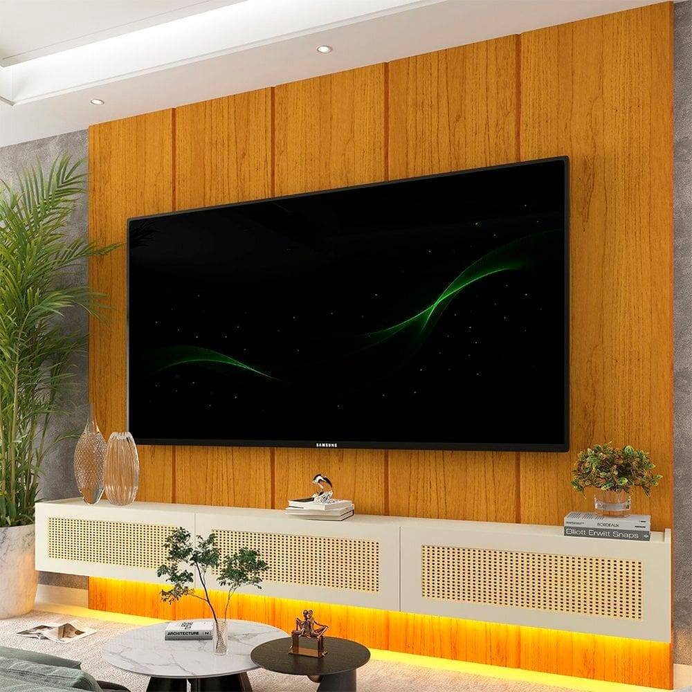 Estante Home para Tv 90 Polegadas com Led 220cm Realce/native 100% Mdf Naturale/Off White Creme