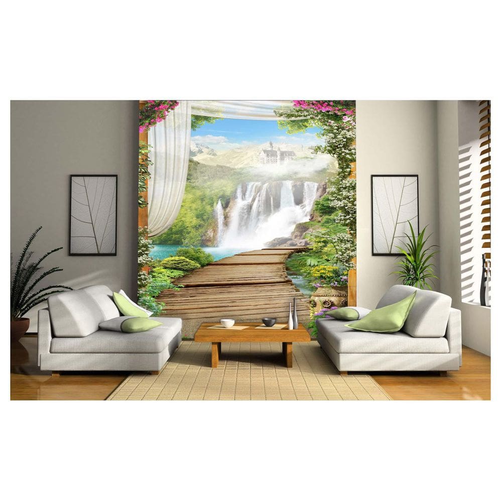 Papel De Parede Paisagem Castelo Cachoeira 3D Dav33