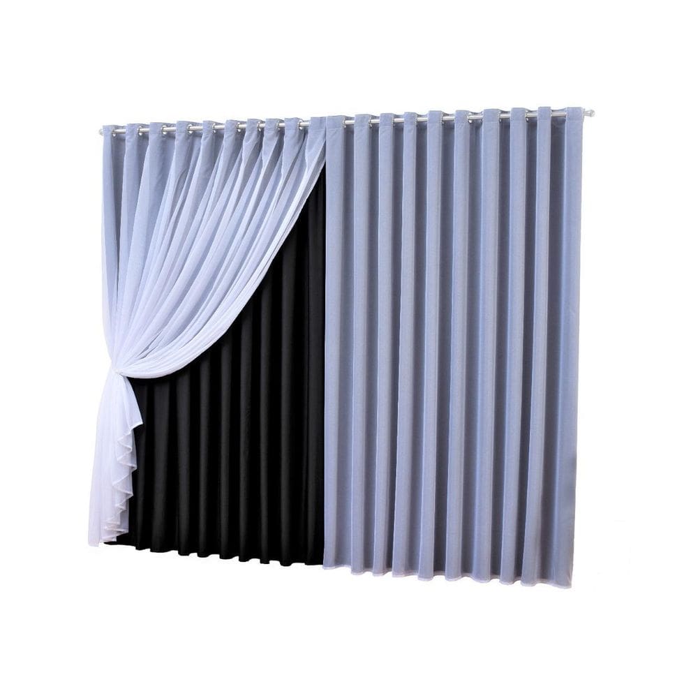 Cortina Blackout Moscou Luxo Voil Ilhós Cromado Preto 5M