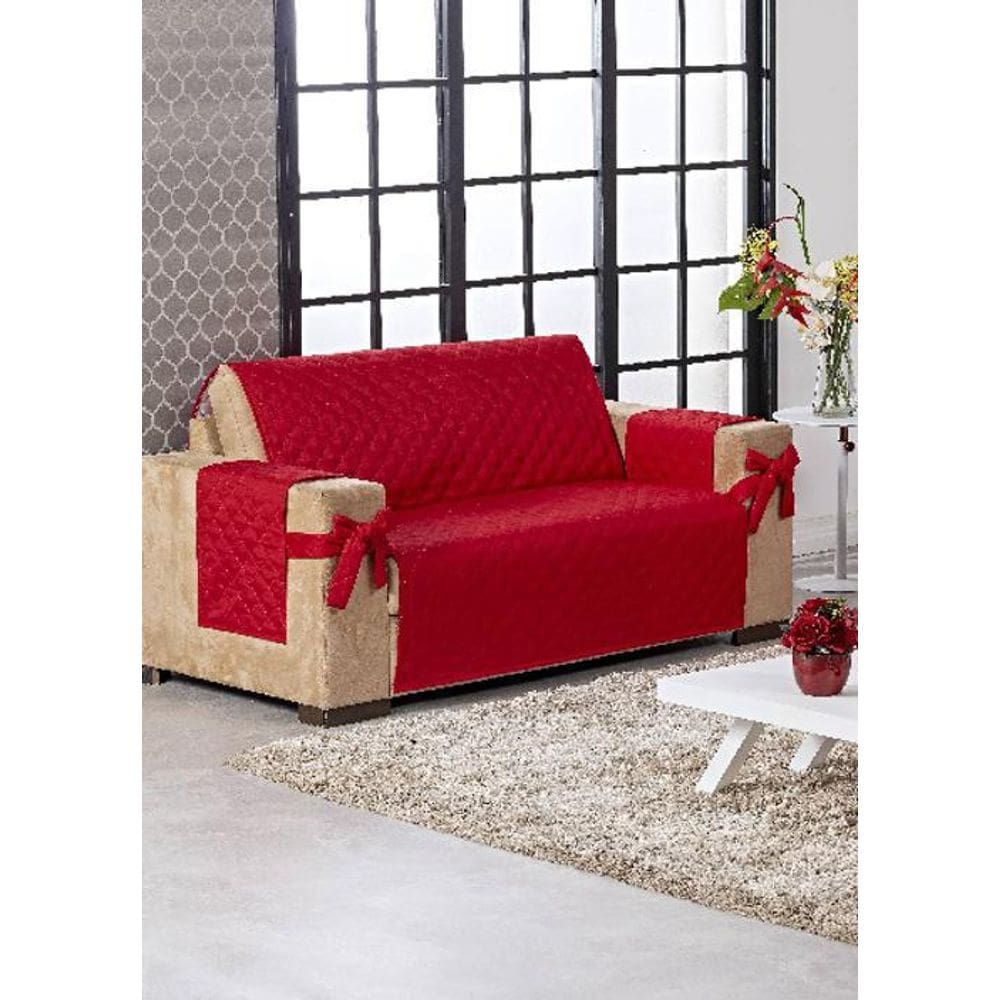 Capa Protetora De Sofá Com Porta Controle E Laço Vermelho