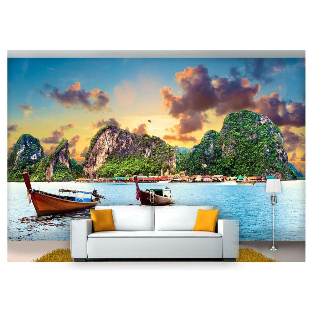 Papel De Parede Praia Mar Céu Sol Barcos 3D Npr231