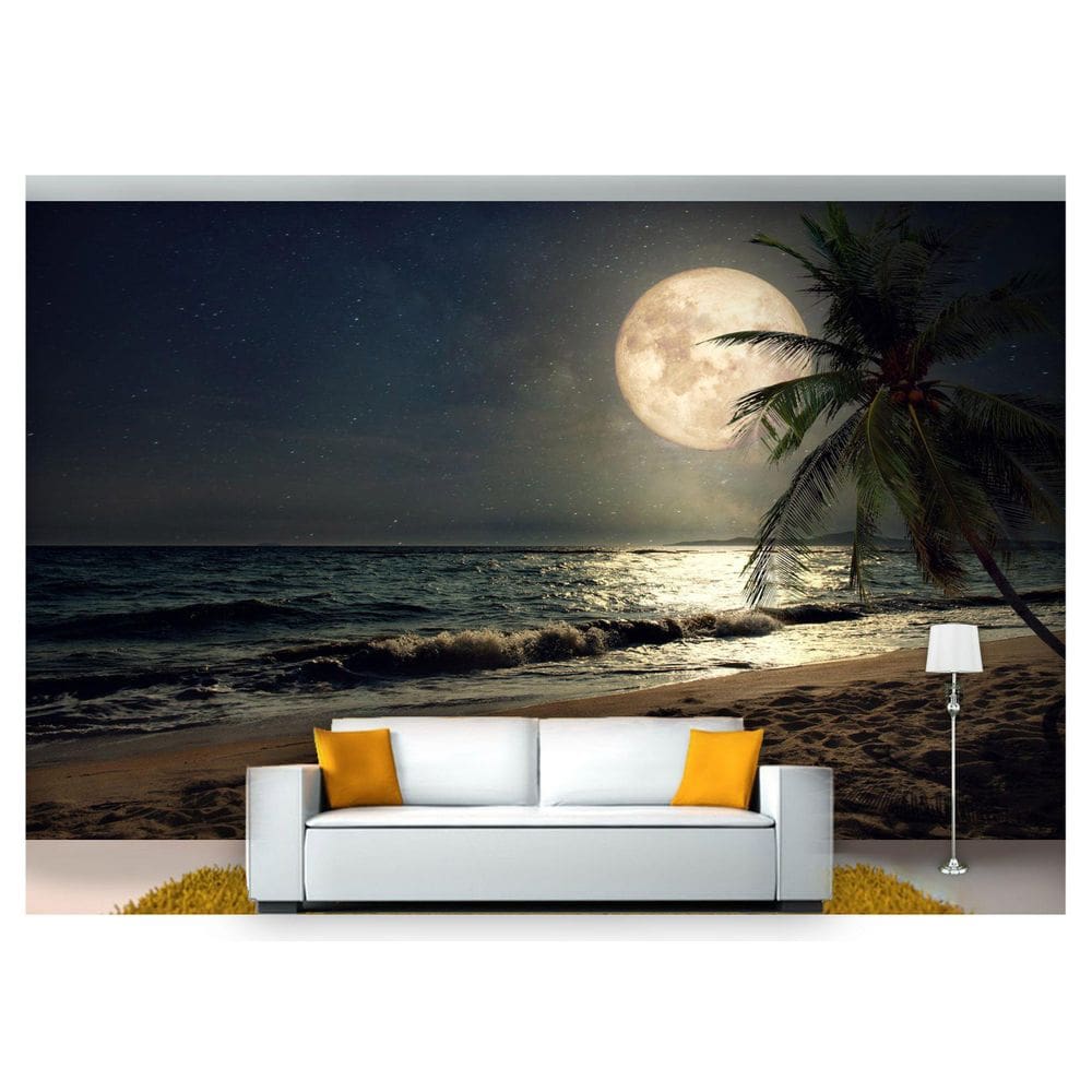 Papel De Parede Lua Noite Praia Coqueiro 3D Nsk76