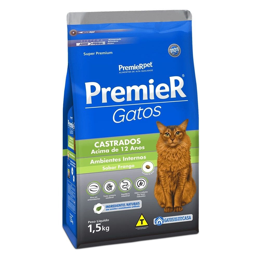Ração Premier Gatos Castrados Acima 12 Anos Ambientes Internos Frango 1,5kg