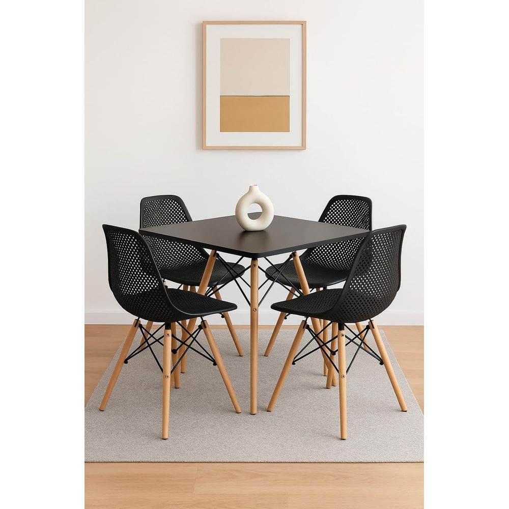 Conjunto de Jantar Moderno, Mesa Quadrada 90x90cm com 4 Cadeiras Eames Colméia, Preto com Pés em Madeira Natural, para Sala de Jantar, Cozinha