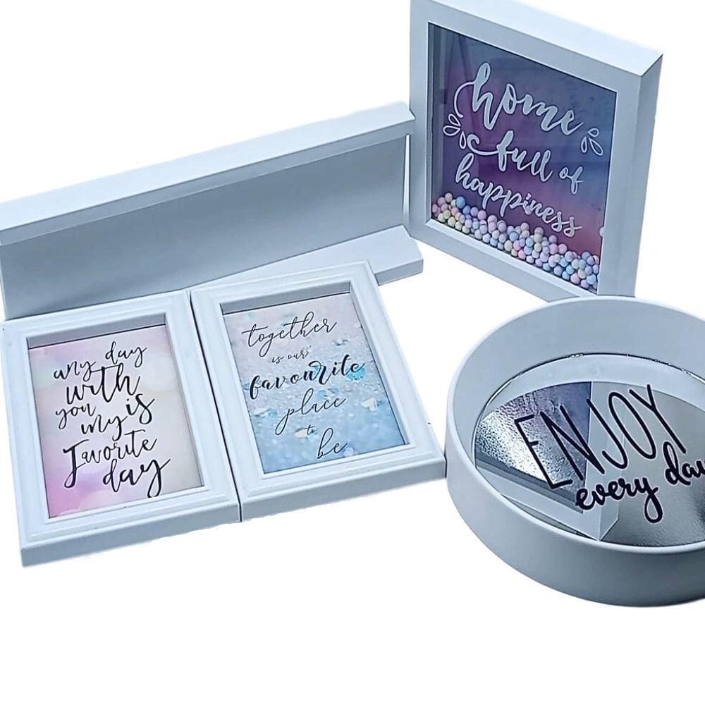 Kit Prateleira Espelho Quadro E Porta Retrato Decoracao De Parede Completo Com 5 Peças Casa Sala Escritorio