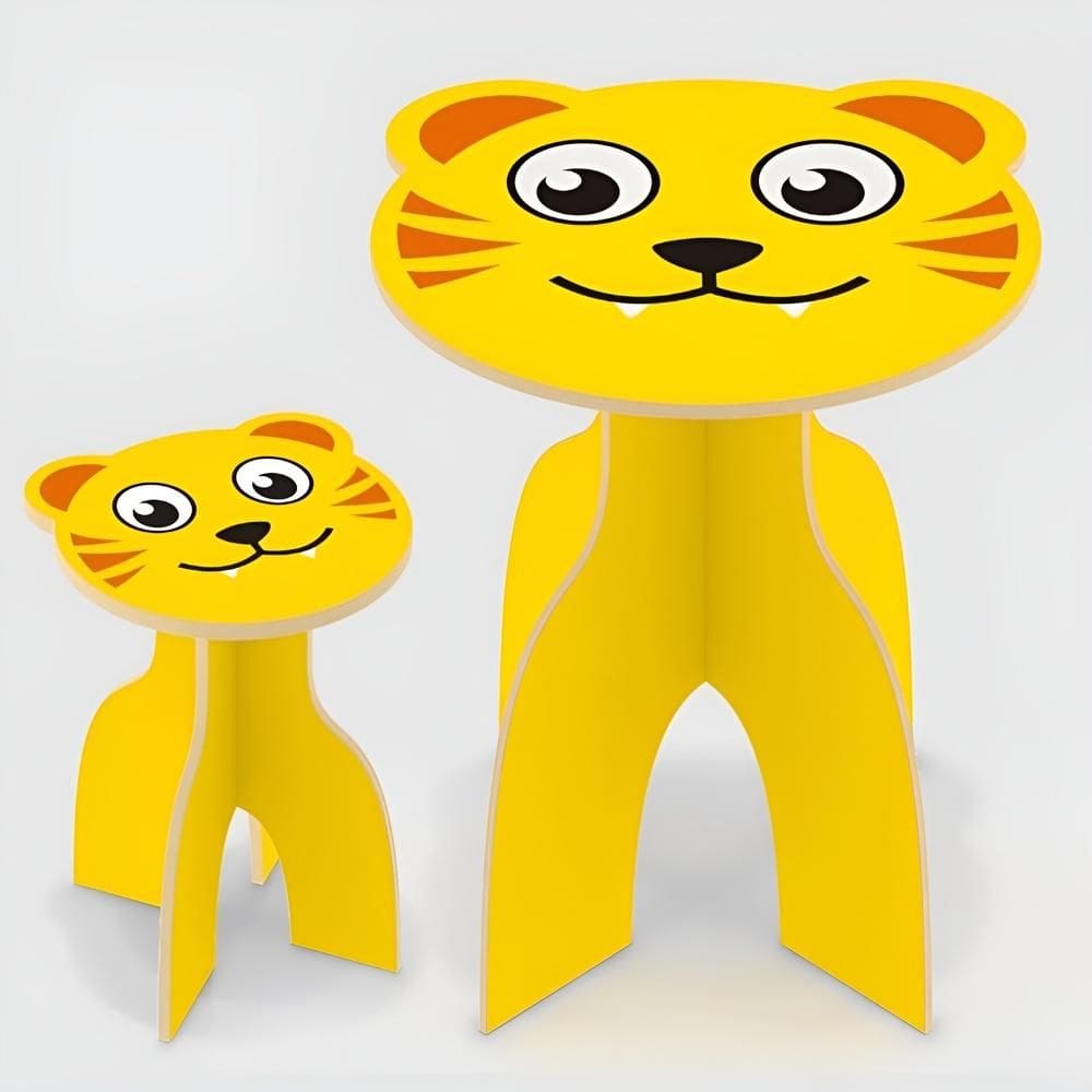 Mesa Infantil Tiger Madeira Com Cadeira Banquinho Desmontavel Kit Amarelo Animalkids Didatica