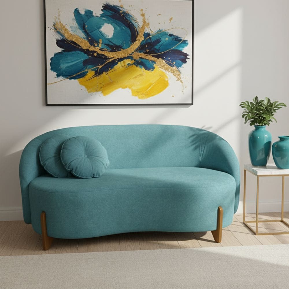 Sofá Orgânico 2 Lugares C/2 Almofadas Curvo Sala Recepção Amsterdã Suede Azul Turquesa - Montanari`s Decor