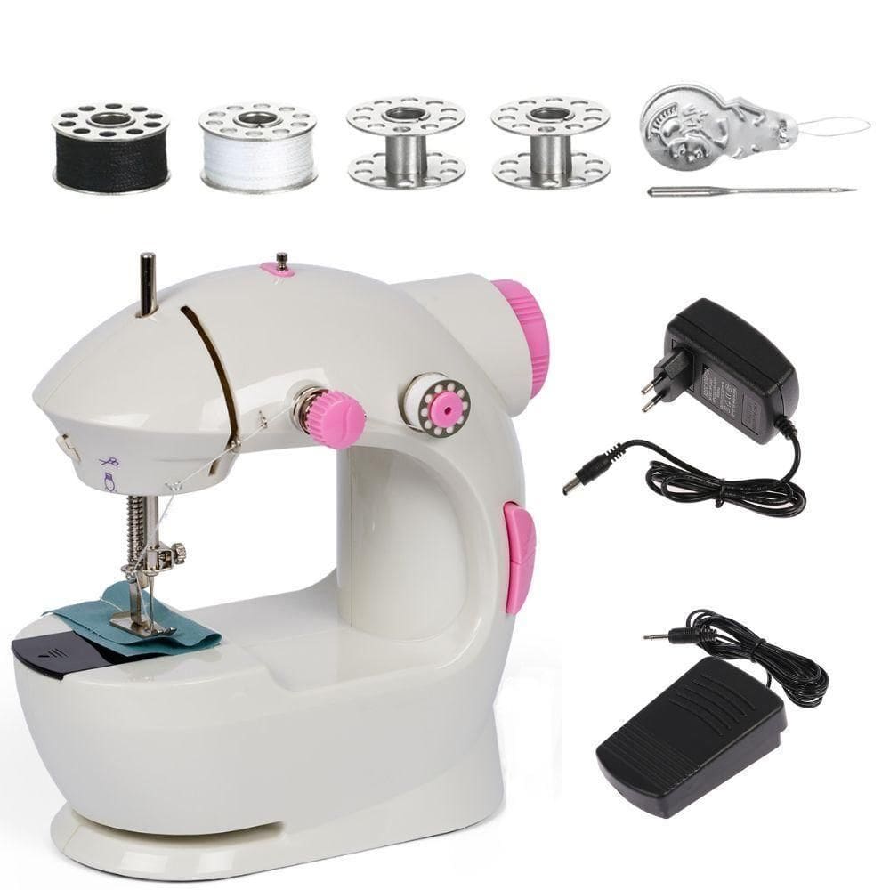 Mini Maquina De Costura Eletrica Bivolt Portatil Reta Com Pedal Kit Bobinas Agulha Domestica