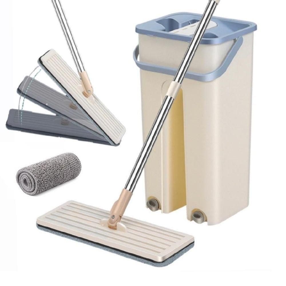 Esfregao Mop Flat Balde Duplo Rodo Multiuso Magico Vassoura Limpeza De Piso Cabo Extensivel Inox Lava Seca Refil