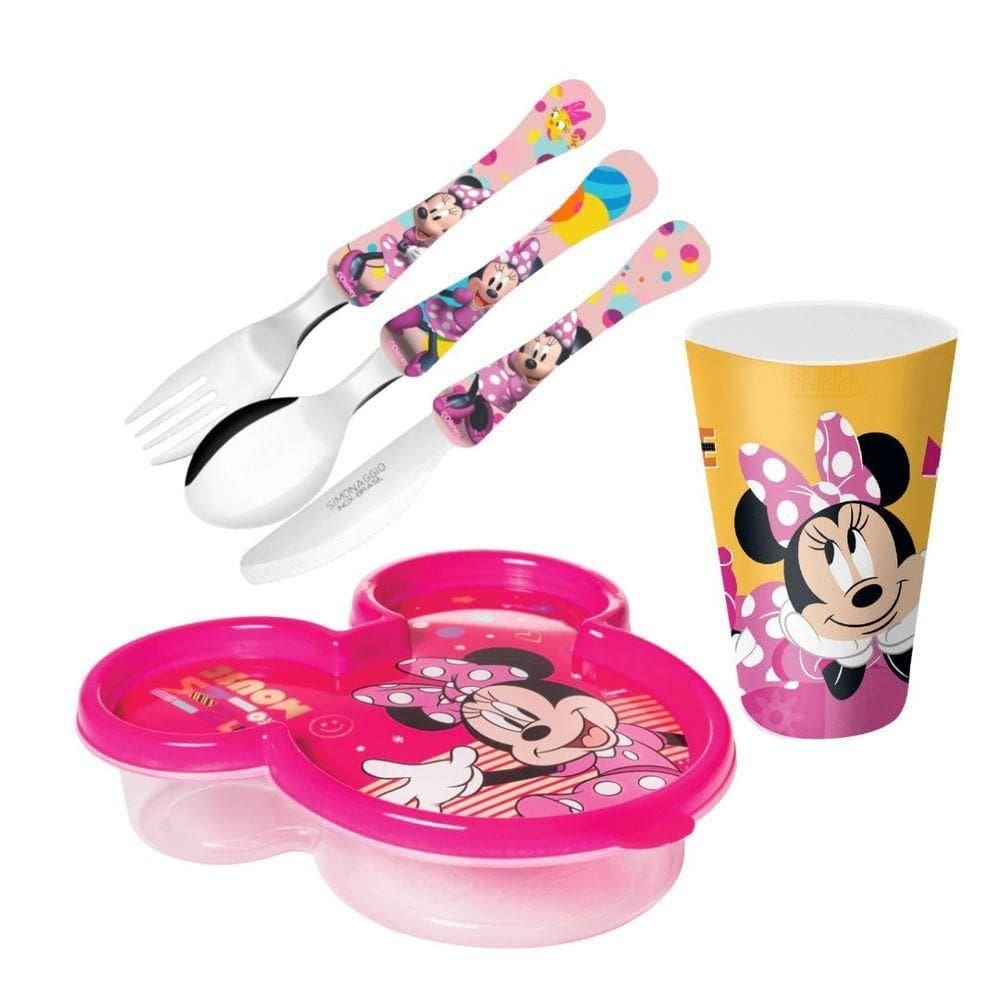 Kit Lancheira Infantil Minnie Disney 5 Peças Pote, Copo E Talheres - Tuut
